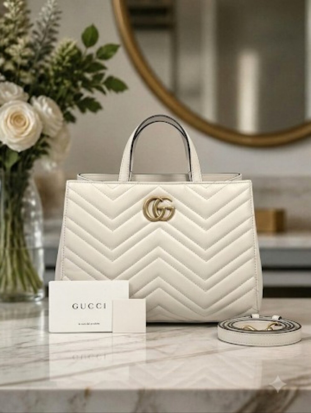 Gucci GG Marmont Small Matelassé White Top Handle Bag COA✨️